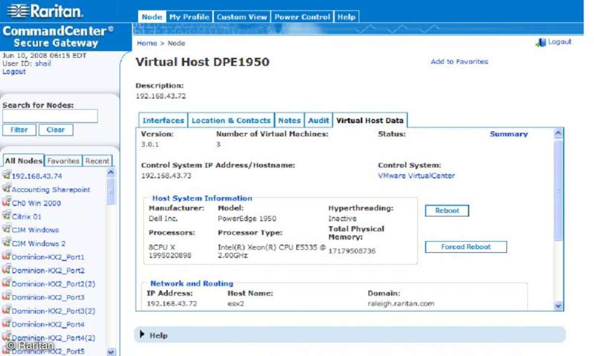 Eindeutige Informationen ermöglichen schnelles Handeln: „CommandCenter Secure Gateway“ von Raritan ermöglicht über Registerkarten Zugriff auf alle wesentlichen Daten zu jeder Ebene einer virtualisierten Infrastruktur.