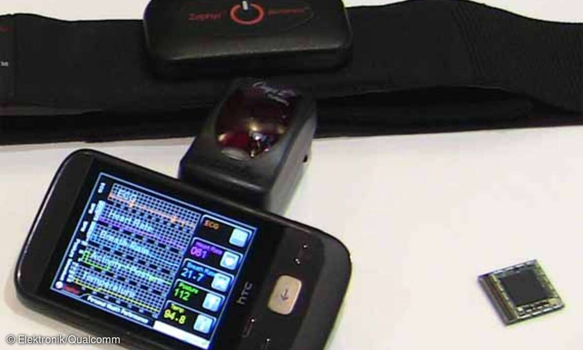 Gesundheitsüberwachung mit Mobilgeräten: Hier ein Brustgurt, der wichtige physiologische Körperparameter überwacht. Ein Smartphone als Anzeigegerät könnte die Werte entweder für Fitness-Zwecke speichern oder auch Alarm auslösen.