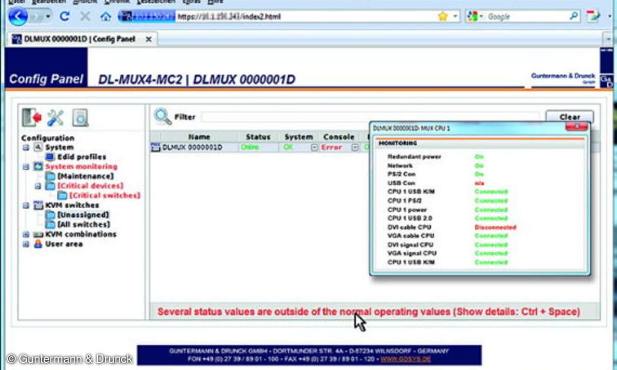 Web Interface mit Monitoring-Werten und Alarmsignal