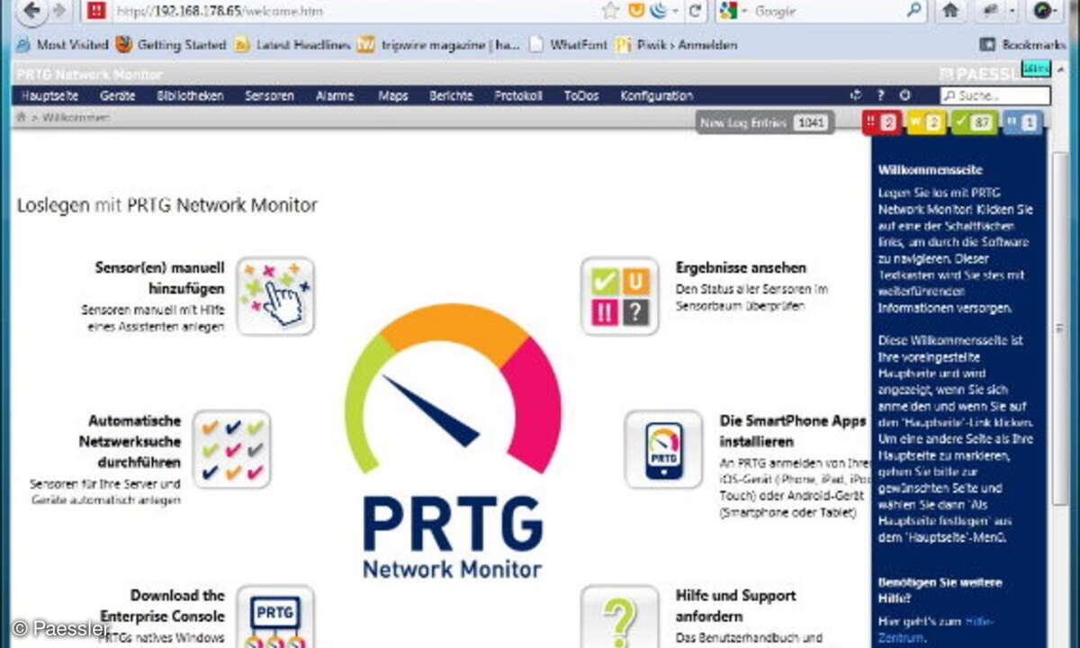 Der bunte neue Willkommen-Bildschirm von PRTG macht den Einstieg ins Netzwerk-Monitoring einfach. Überhaupt braucht es wenig Phantasie, sich in der überarbeiteten Web-GUI zurechtzufinden.