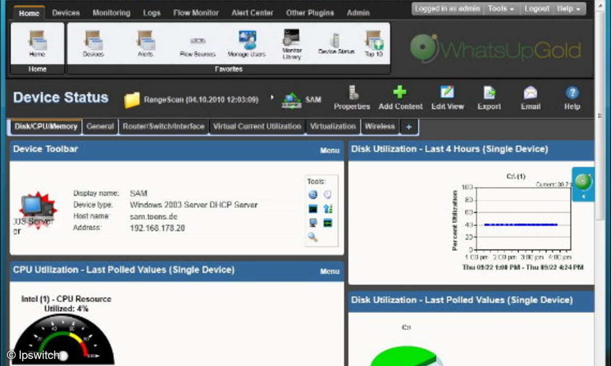 Die Webschnittstelle von Whatsup-Gold hat nicht nur optisch zugelegt, sondern zeigt auch neue Leistungszähler. Die Virtualiza-tion- und Wireless-Links machen aber nur mit existierenden Vmware-Installationen beziehungsweise Cisco-Airopeek-Produkten Si