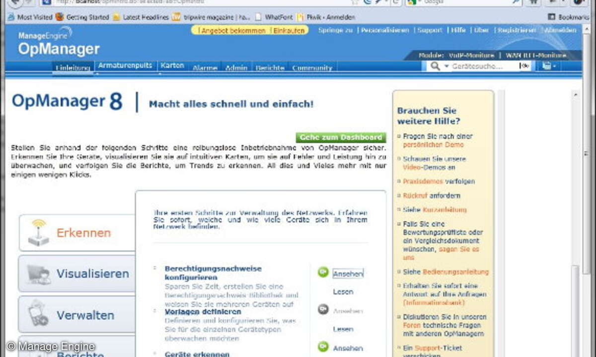 Videos und spezielle Textinformationen erleichtern den Einstieg in Op-Manager.