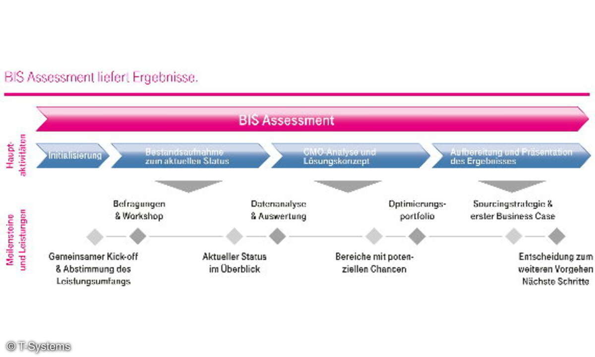 So verläuft das BIS-Assessment von T-Systems: Business-Ebene, IT-Systeme und Serviceprozesse.