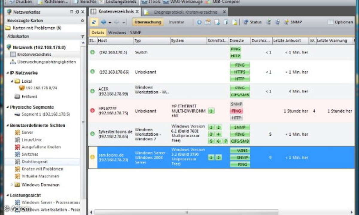 Netcrunch organisiert Netzwerkgeräte übersichtlich in Karten und zahlreiche vordefinierte Sichten, die Administratoren je nach Bedarf erweitern können.