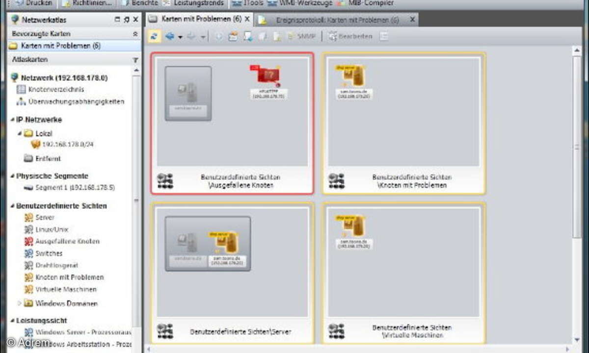 Netcrunchs Karten bilden eine schöne grafische Repräsentation des Netzwerks und der Netzwerkgeräte. Sie sind interaktiv und weisen auf Fehler deutlich hin.