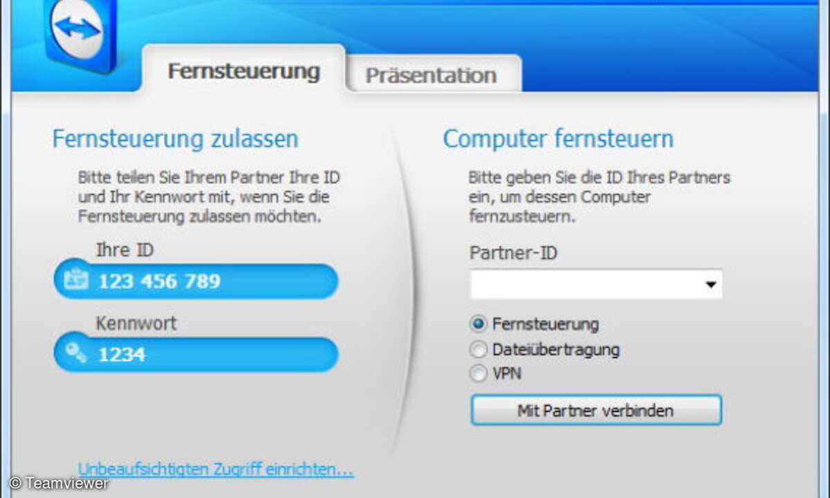 Beim Verbindungsaufbau entscheidet der Benutzer, ob er einen Computer fernsteuern, seinen Bildschirm präsentieren oder nur Dateien übertragen möchte.