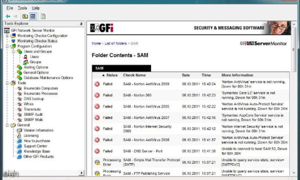 GFI setzt bei ihrem Network-Server-Monitor noch voll und ganz auf eine Windows-Applikation als Schaltzentrale – per Browser sind nur wenige Informationen abrufbar.
