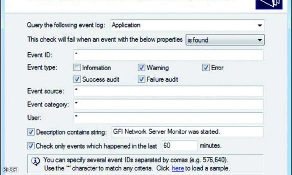 Der Network-Server-Monitor prüft auch, ob auf dem Ziel-system spezifische Windowsereignisse generiert wurden.