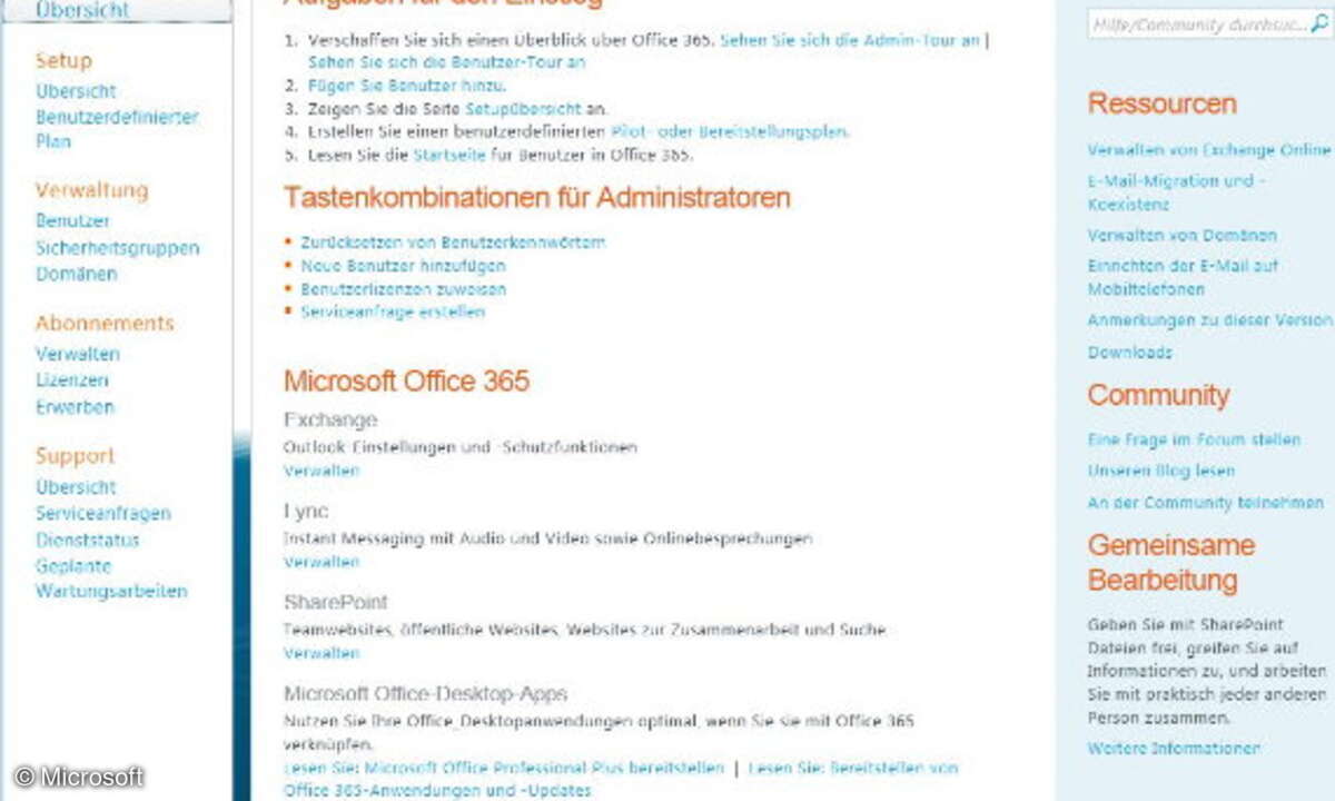 Übersichtlich und leicht zu benutzen, präsentiert sich die Startseite für Office-365-Administratoren.