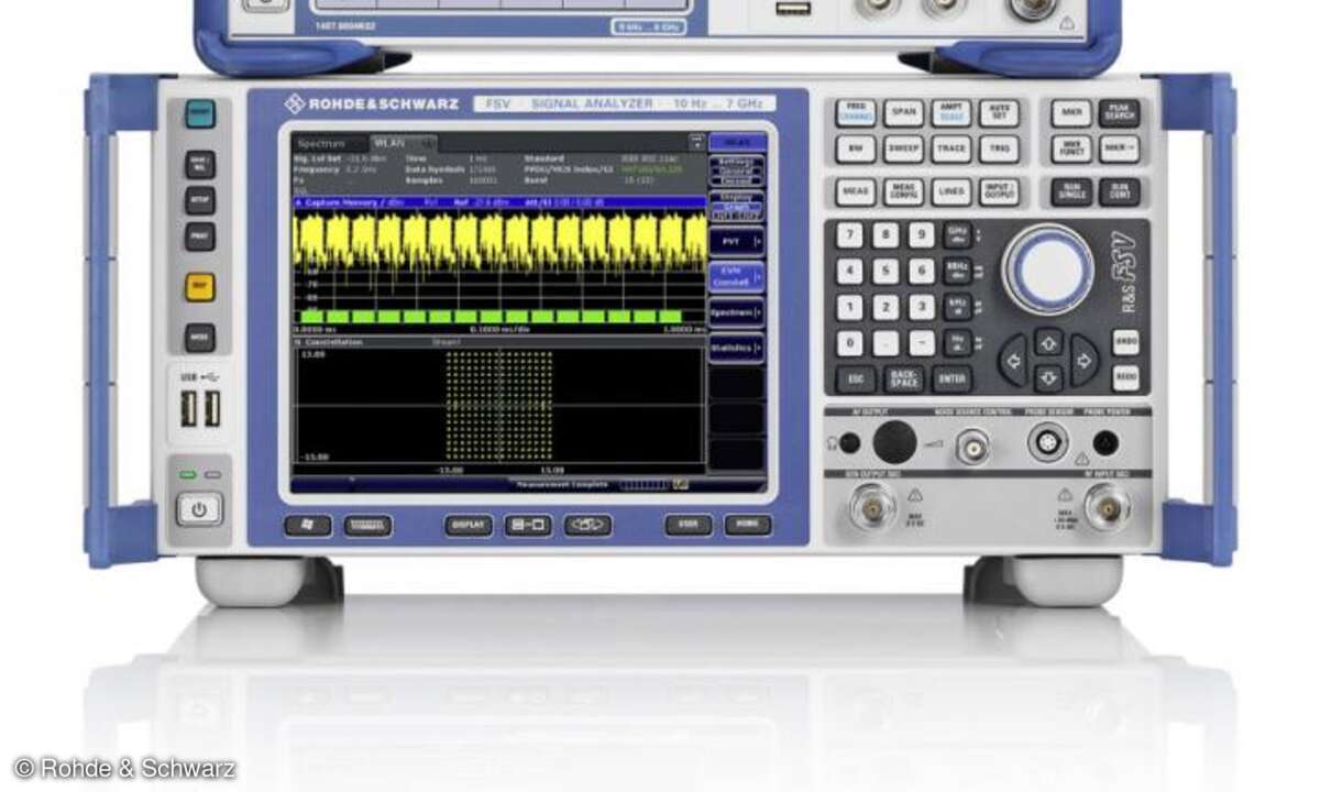 Das Gerät oben stellt die neueste Generation des R&S SMBV100A von Rohde & Schwarz dar. Auch der R&S FSV Signal- und Spektrumanalysator (im Bild unten) unterstützt bereits den neuen WLAN-Standard IEEE 802.11ac.