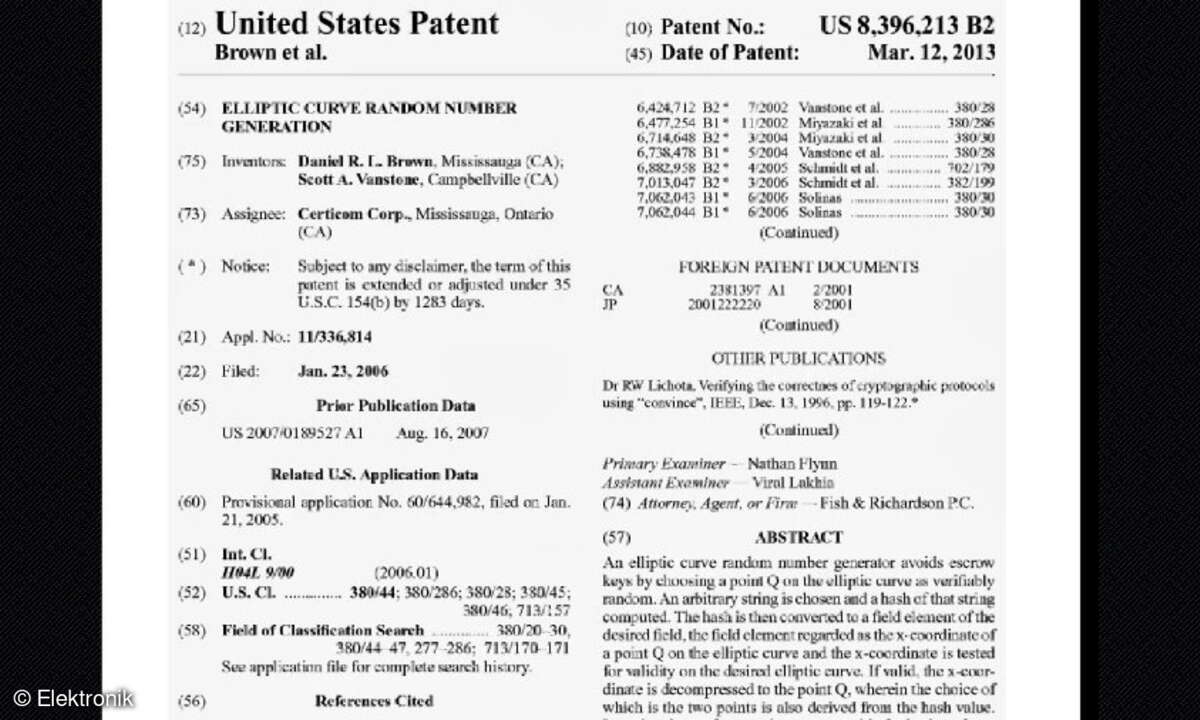 Das Patent der Blackberry-Tocher Certicom beschreibt den Zufallszahlengenerator Dual_EC_DRBG, der von der NSA entwickelt worden sein soll.