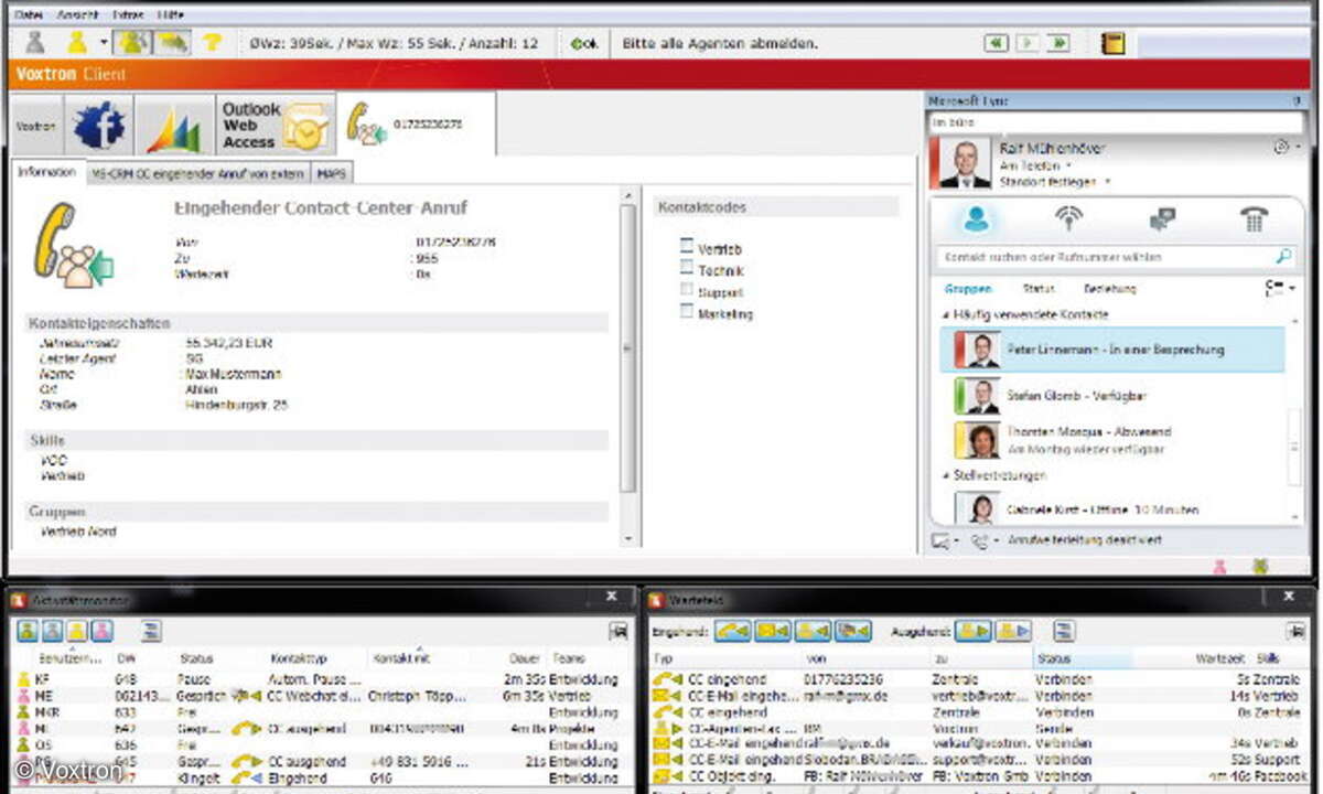 Voxtron-Client mit integriertem Microsoft-Lync-Client: Eine Infrastruktur, die eine Kommunikation über alle Medien integriert – sowohl in die Office-Nutzung als auch in die Nutzung von Speziallösungen wie Contact-Center und CRM.