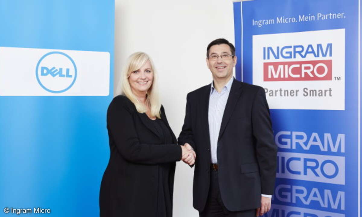 Doris Albiez, Dell, und Robert Beck, Ingram Micro, freuen sich über die Zusammenarbeit.