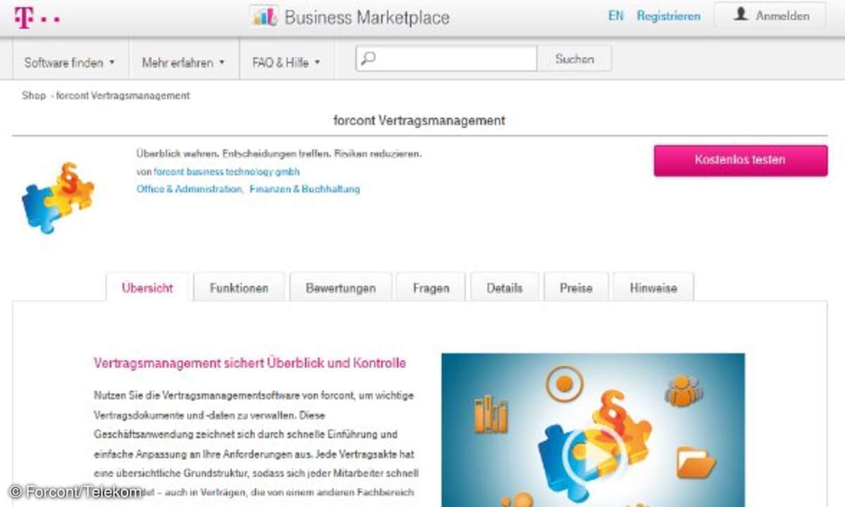 Screenshot Business-Marketplace Vertragsmanagement von Forcont