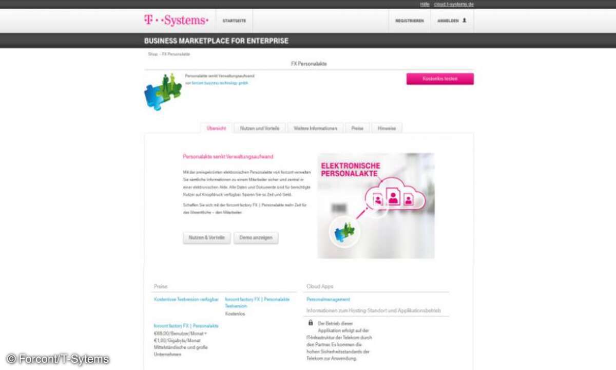Screenshot Marketplace for Enterprises Personalakte von Forcont