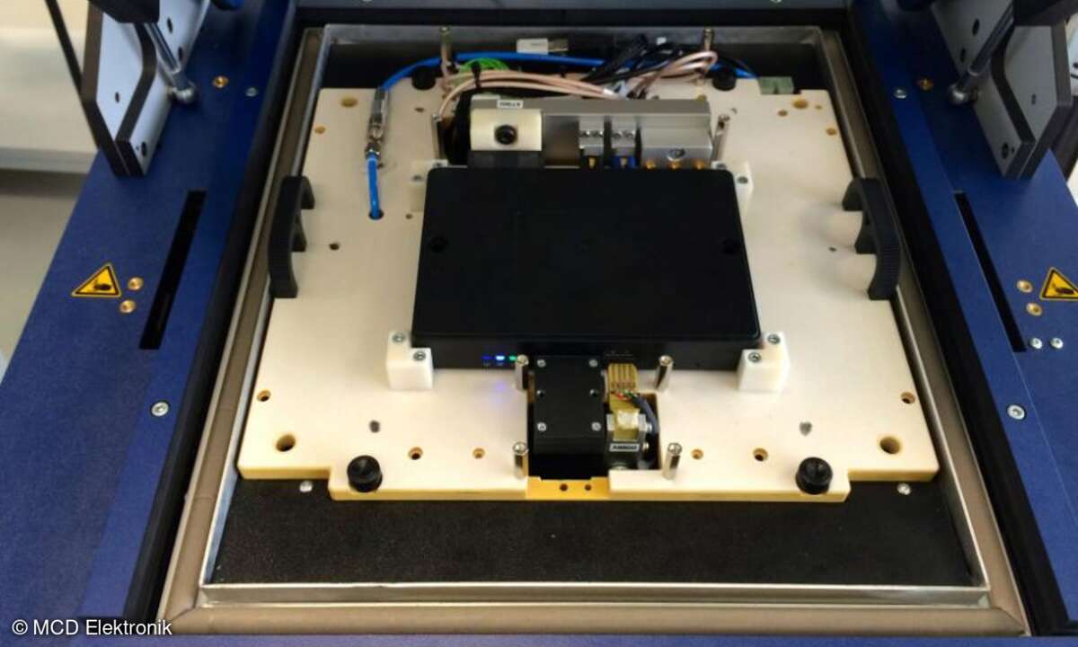 Das zu prüfende Modul ist bereits mit den HF-Anschlüssen verbunden. Der USB-Anschluss (vorne rechts) ist noch nicht gesteckt.