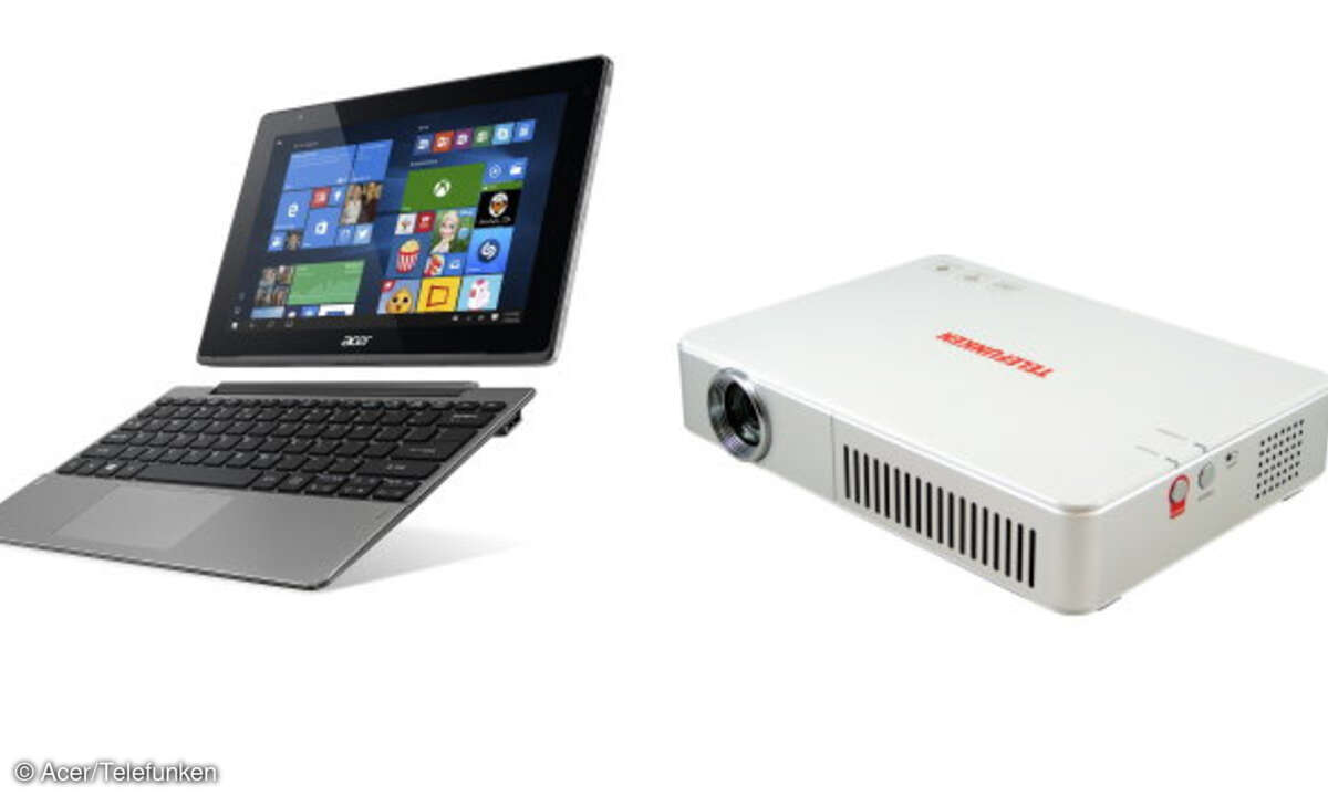 Zwei der elf Preise, die es für die Teilnehmer der Leserwahl zu gewinnen gibt: ein Acer Aspire Switch 10 V 2-in-one-Notebook und einen Telefunken DLP700 WiFi Mini-LED-Projektor