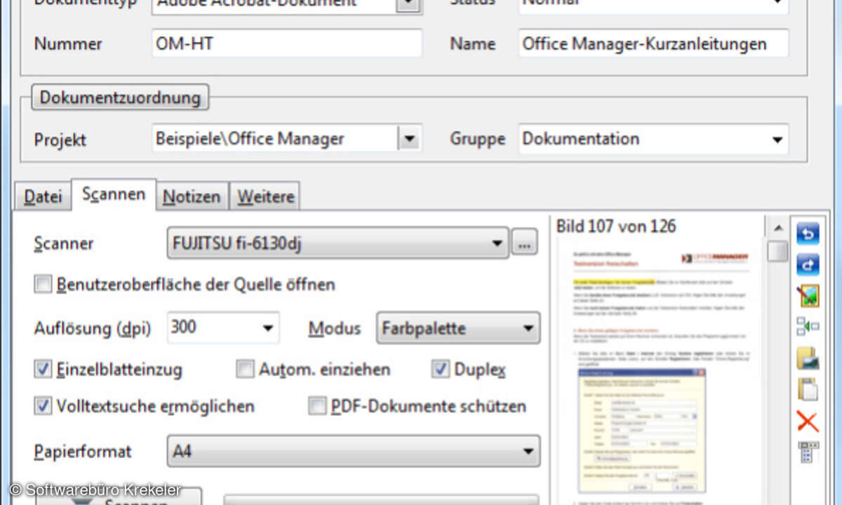 Office Manager ermöglicht es dem Anwender Dokumentenscanner anzusteuern.