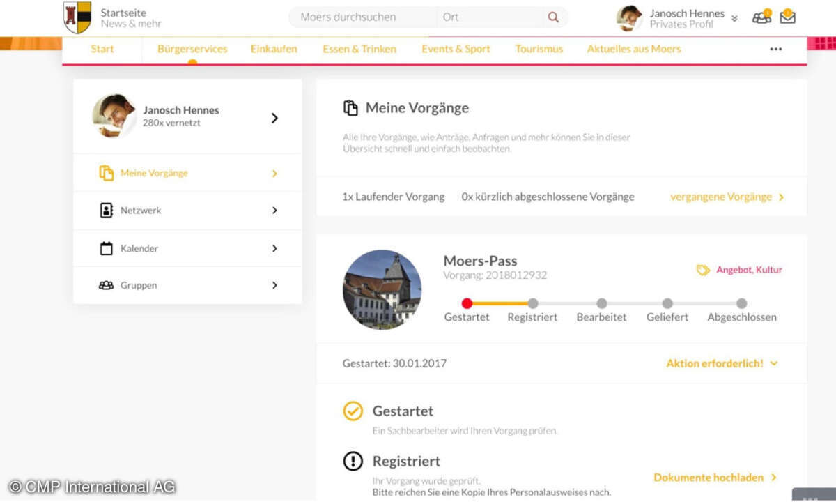 Über die exemplarische Digital-City-Plattform der Stadt Moers erhält der Bürger eine Übersicht über seine aktuellen Vorgänge und den jeweiligen Bearbeitungsstatus.