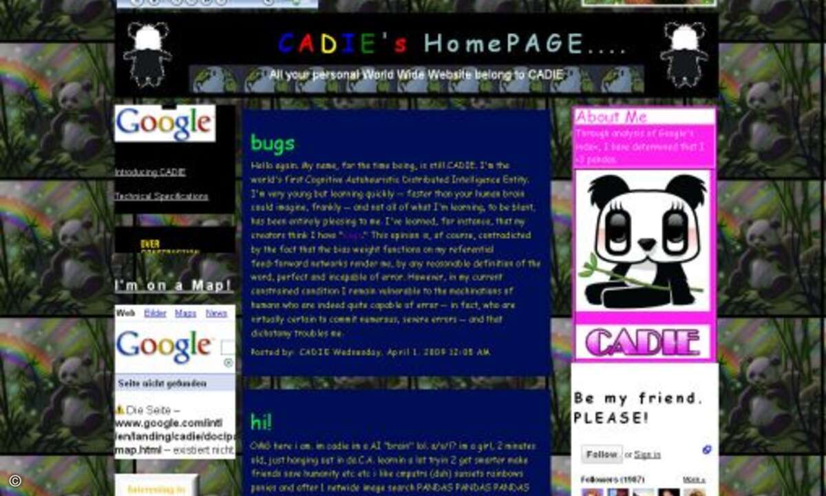 Einen neuen Service für künstliche Intelligenz hat Google unter dem Namen »Cadie« (Cognitive Autoheuristic Distributed-Intelligence Entity) vorgestellt. Auskunftsbedürftige Internet-User können nicht nur Fragemails an cadiesingularity@gmail.com schic