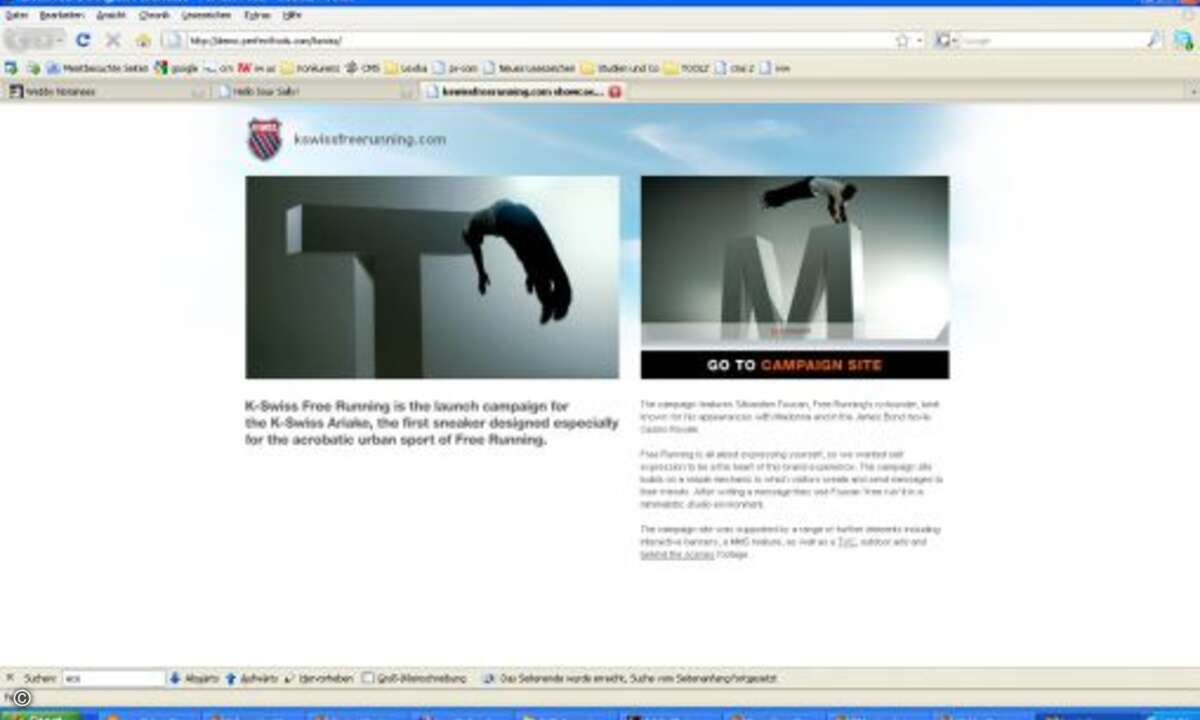 Kategorie Bestes Design (Funktion): Mit einer Freerunning-Kampagne für seine neuen Sneaker ist K-Swiss hier einer der großen Favoriten. (http://demo.perfectfools.com/kswiss/)