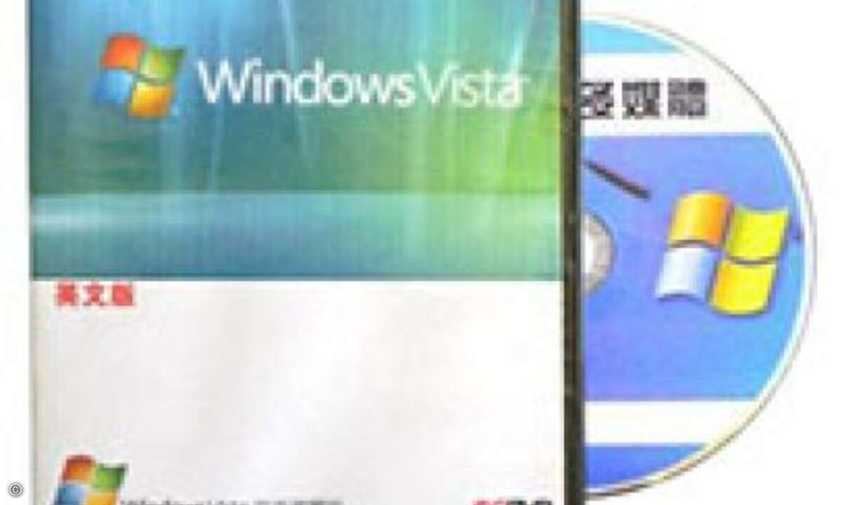Chinesische Vista-Raubkopie: Neben dem schlechten Druck des Covers fällt hier insbesondere die mit einem selbst bedrucktem Aufkleber versehene DVD auf.