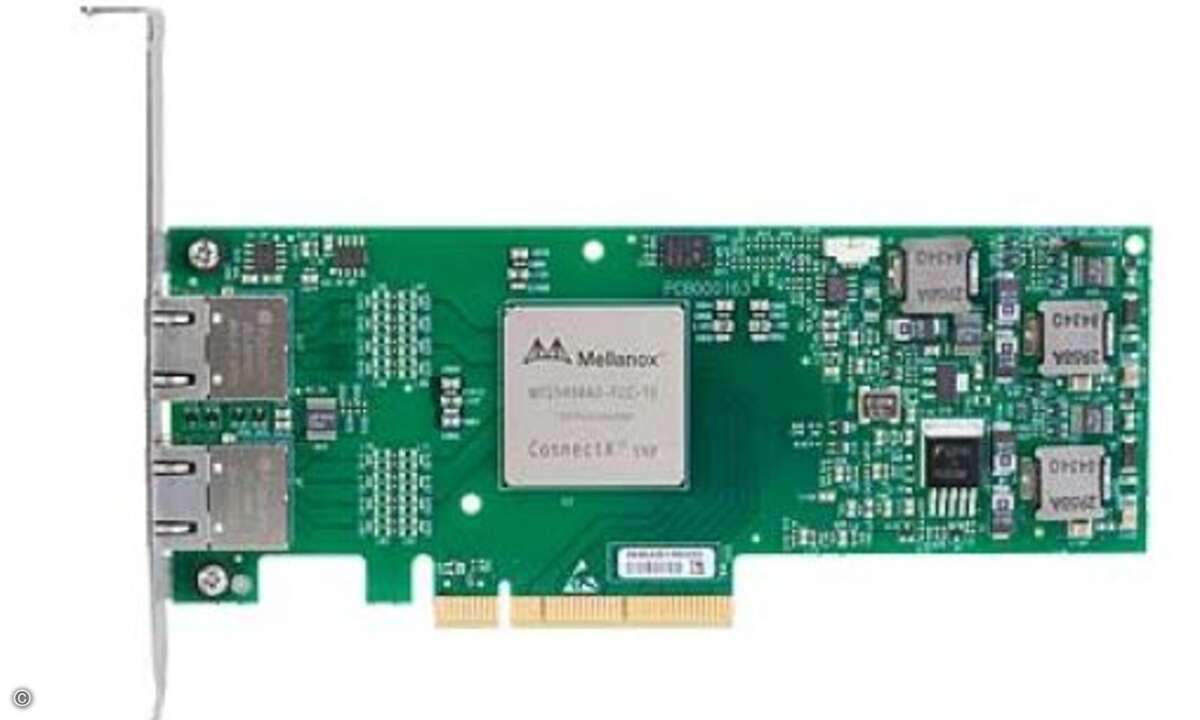 Die ConnectX-ENt-Dual-Port-10GBASE-T-Karte von Mellanox unterstützt NetQueue undSR-IOV, außerdem Fiber Channel over Ethernet.