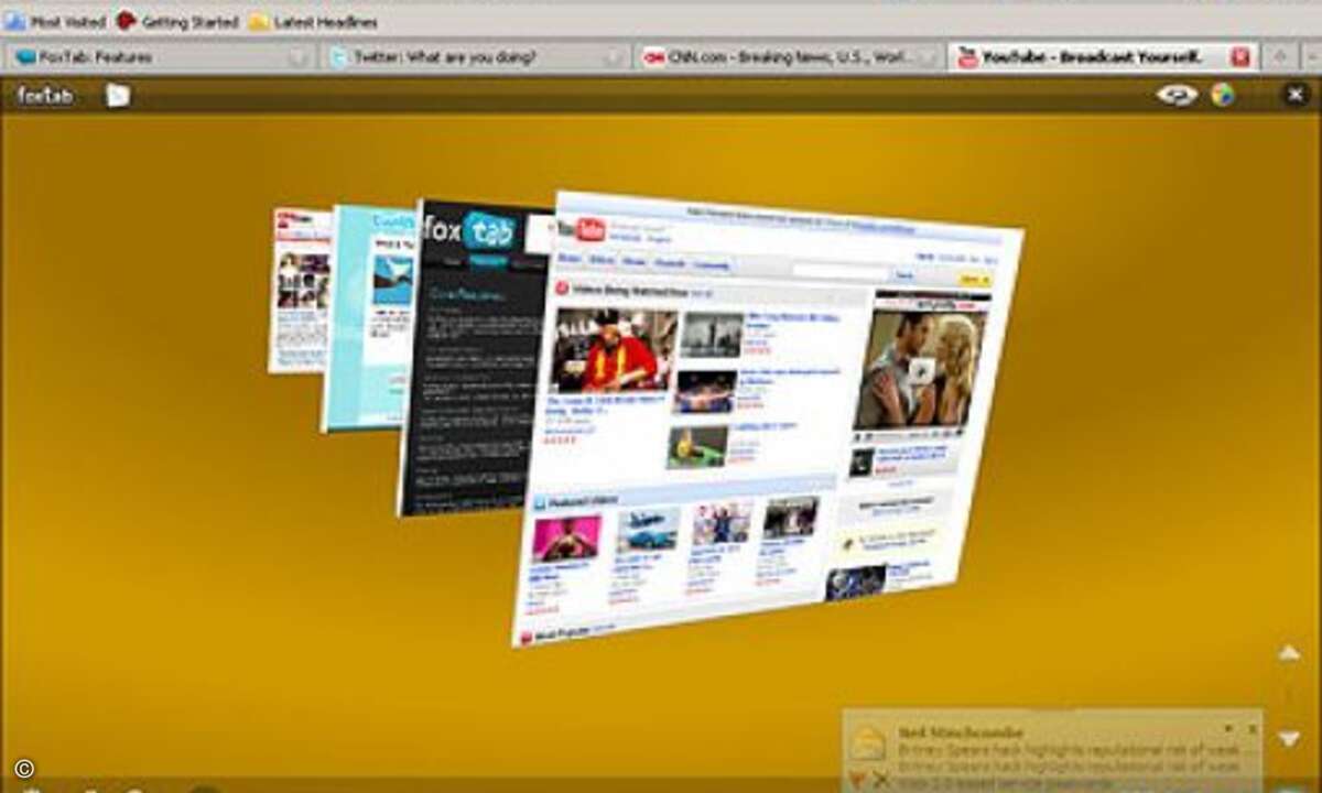Foxtab: Ein bisschen Windows-Vista-Feeling bringt Foxtab. Das Plug-in stellt Web-Seiten in 3D-Ansicht dar. Der User kann zwischen den Browser-Fenstern nach Belieben hin und her zappen. Cool!