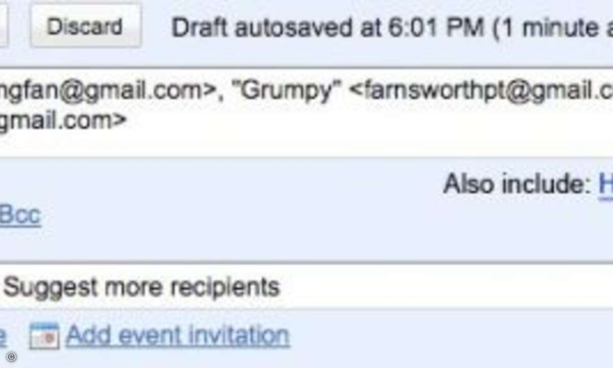»Haben Sie Bob vergessen?« Gewissermaßen als Gegenstück zu »Haben Sie den falschen Bob erwischt?« achtet Google Mail darauf, ob in einer oft verwendeten Adressaten-Gruppe ein Name fehlt.