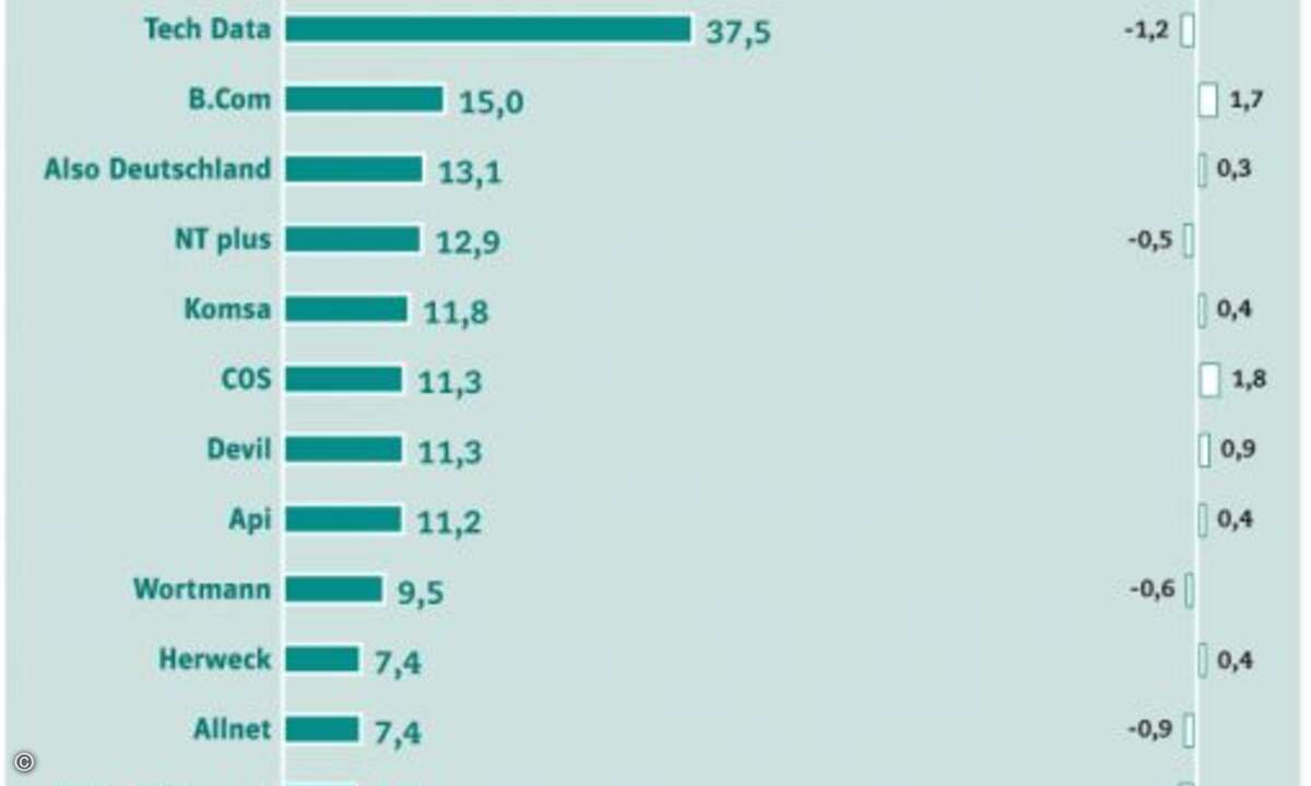 Hinter der Broadliner-Troika platzieren in punkto Nutzung die großen Vollsortimenter und die TK-Distributoren