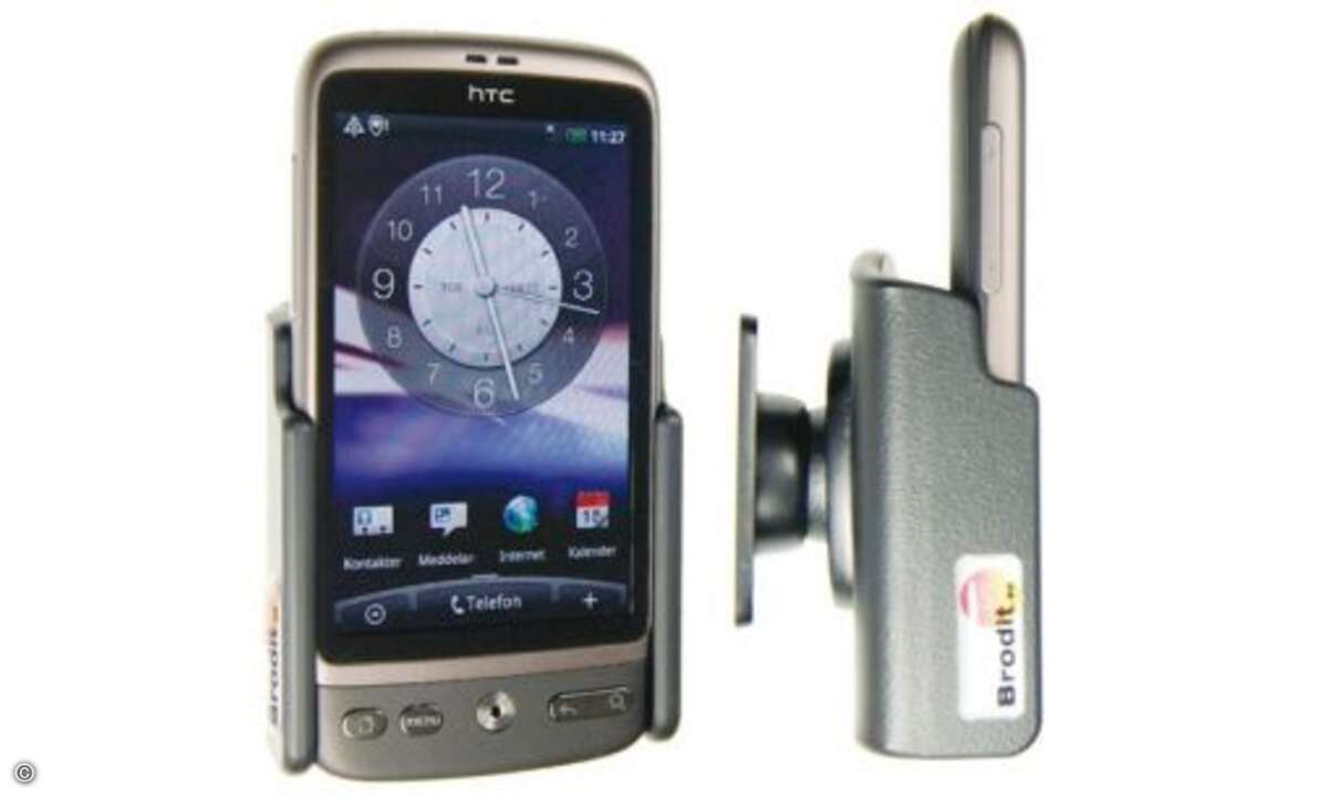 Brodit Kfz-Halterung: Wo wir schon beim Thema Passgenauigkeit sind: Einem edlen Smartphone wie dem HTC Desire werden schnöde Klemmbacken-Halterungen mit Schwanenhals aus dem Baumarkt wirklich nicht gerecht. Viel besser eignet sich eine extra für das