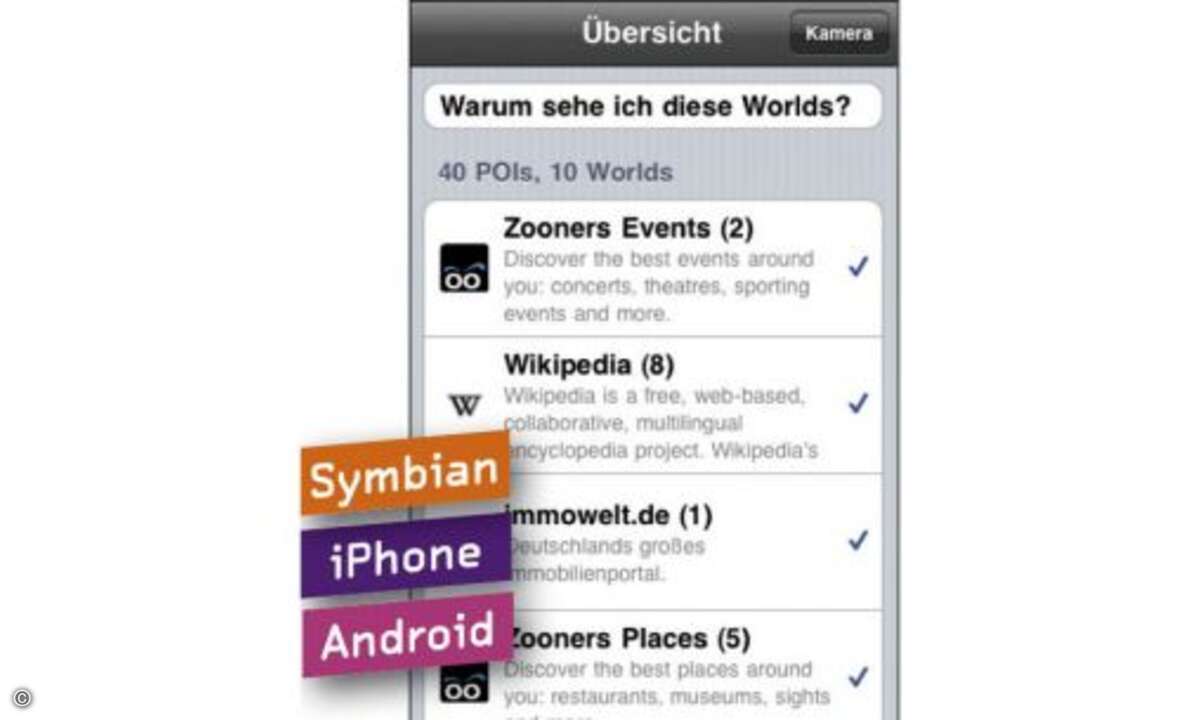 Wikitude: Augmented Reality ist ein Trendthema, das in den kommenden Monaten und mit wachsender Verbreitung von Smartphones immer mehr in den Fokus rücken dürfte. Wikitude ist ein solcher Browser, der in das Echtzeitbild der Handykamera virtuelle Zus