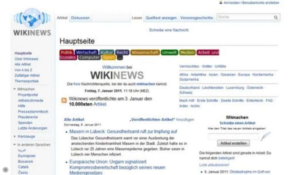 Wikinews: Wer sich nicht durch unzählige Nachrichenseiten quälen will, um sich auf dem Laufenden zu halten, der greift zu Wikinews . Die einzelnen Beiträge sind zwar weniger intensiv bebildert als zum Beispiel die Meldungen auf Spiegel Online. Doch d