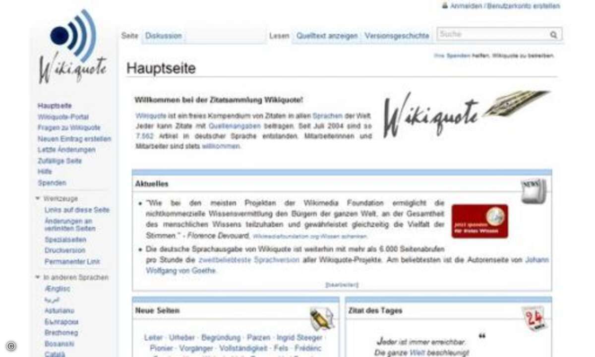 Wikiquote: Rund 7.600 deutschsprachige Zitate finden sich in der Sammlung von Wikiquote . Damit ist die Website nicht nur ein sicheres Nachschlagewerk für alle, die Hochzeitsreden schreiben oder Grußkarten mit einem hübschen Spruch verzieren möchten.