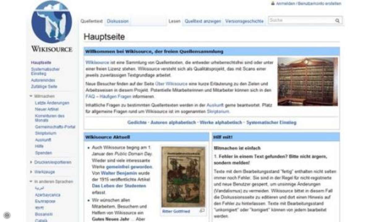 Wikisource: Wikisource und Wikibooks (nächster Tipp) sind sich insofern ähnlich, als beide Seiten Lesestoff in Hülle und Fülle liefern. Der Unterschied liegt in der Herkunft. Wikisource listet Werke, die urheberrechtsfrei sind (auch bekannt als