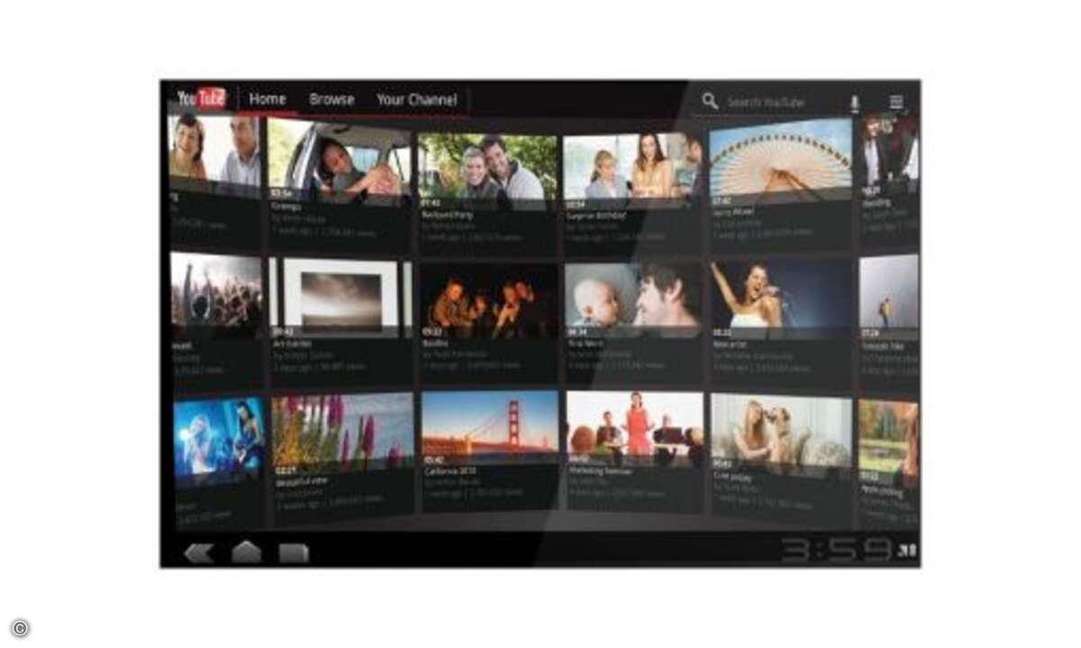 Futuristisch sind vor allem die 3D-Effekte bei Galerien wie hier die Übersicht mit Youtube-Videos. Auch beim Wechsel zwischen den einzelnen Startbildschirmen sorgt eine 3D-Animation für einen Wow-Effekt.