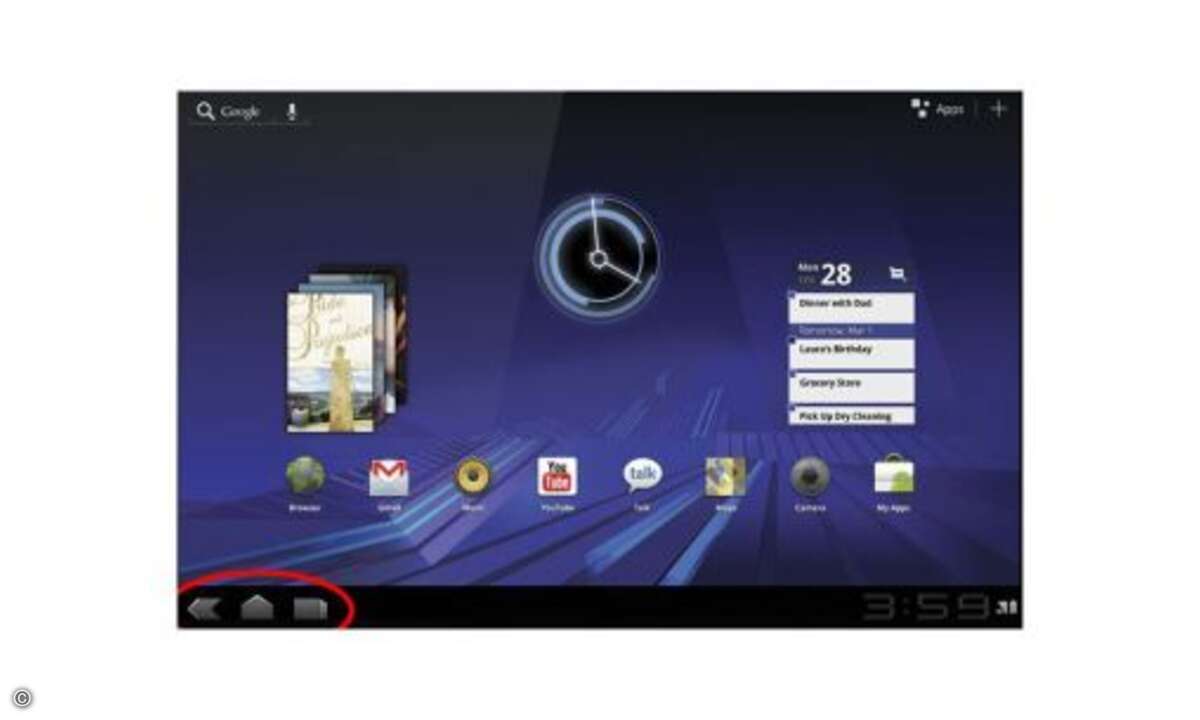 Die typischen Android-Tasten, die ja jeder Hersteller so anordnet wie er lustig ist. sind hier als Schaltflächen auf dem Display ausgegführt und finden sich links unten am Display. Das gilt insbesondere auch, wenn die Darstellung gedreht wird. Zudem
