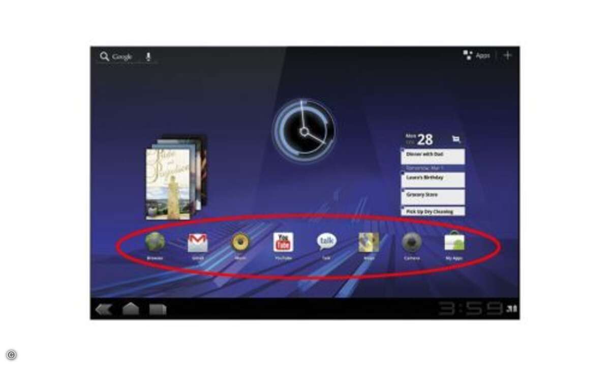 Die typischen Shortcuts auf wichtige Funktionen finden sich auch bei der Tablet-Variante von Android.