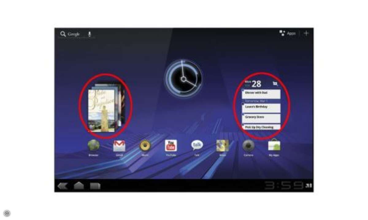 Die größere Displayfläche der Tablets lässt sich hervorragend für Widgets nutzen. Das Linke zeigt eine Preview aus dem E-Book-Reader-Anwedung, rechts ist ein Kalender-Widget zu sehen.