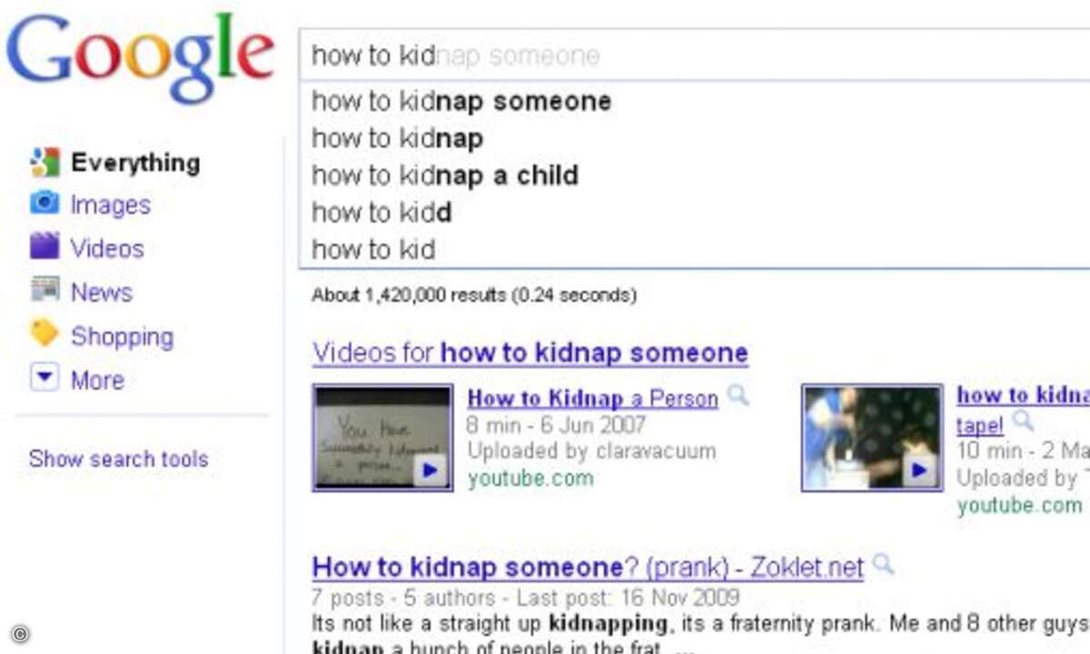 Weniger zimperlich ist Google beim Thema Kidnapping: Bereits die Eingabe 