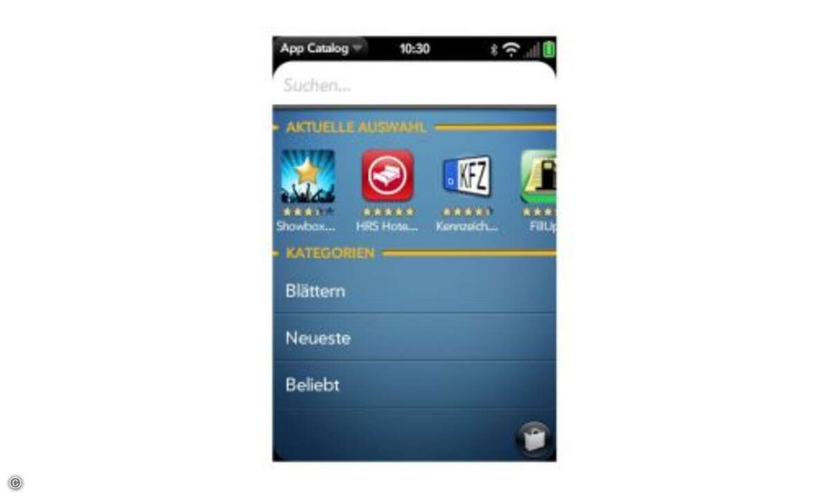 WebOS Appcatalog: Optisch wie funktional kann der App Catalog von HP und Palm in jedem Fall überzeugen; der hübsch gestaltete Webshop folgt dem Bedienkonzept des Web-OS-Betriebssystems: begünstigt durch die Touchscreen-Steuerung gelingt das Stöbern i