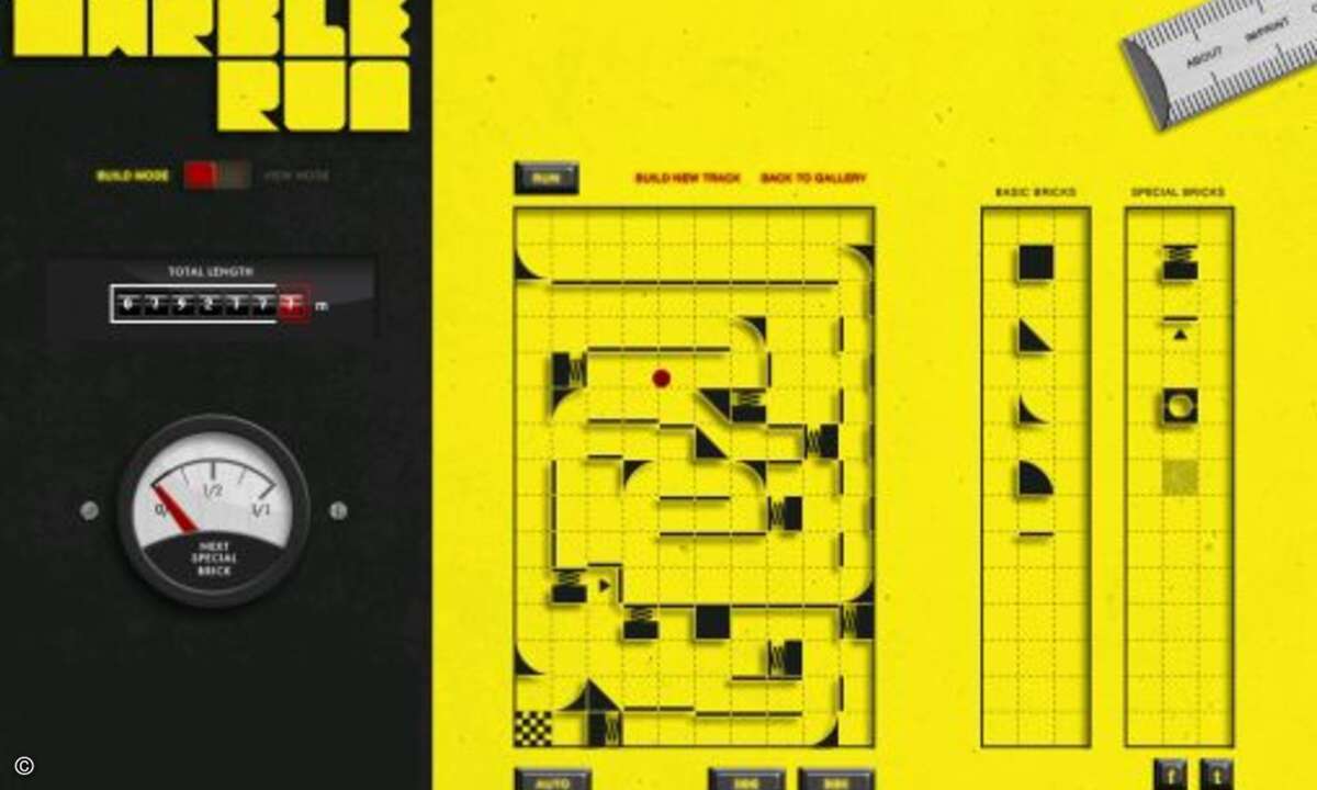 Seien Sie der »Pinball Wizard«: Bei »Marble Fun« geht es darum, mit einer Reihe einfacher Bausteine einen möglichst langen Murmel-Parcours zu bauen. Die einfallsreiche Idee erzielte den ersten Platz in Mozillas Open Web Games-Wettbewerb sowie den Spe
