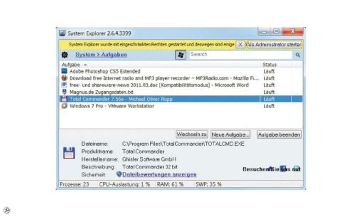 System Explorer Portable 2.6.4 (Autor: Mister Group, Lizenz: kostenlos): Ersetzt den Windows Task Manager. Normalerweise nur schwer zugängliche Systeminfos bringt System Explorer auf den Bildschirm. Dazu gehört eine Liste aller laufenden Prozesse, au