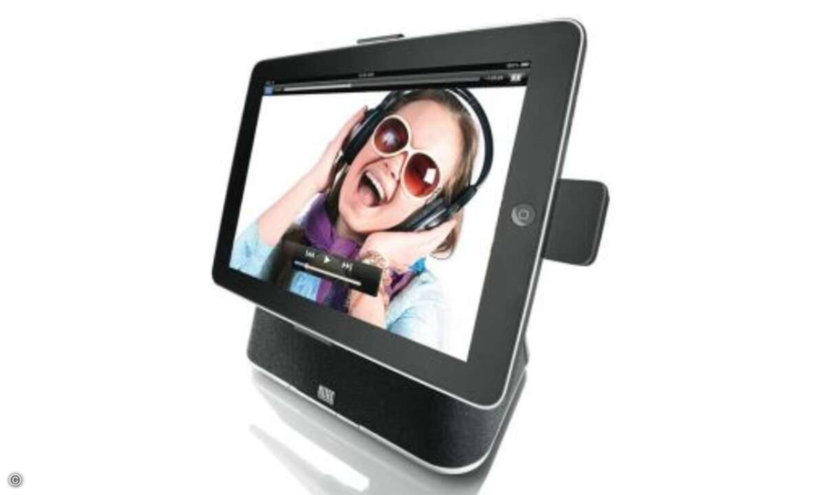 Zwei in einem: Die Docking Station Octiv 450 vom Zubehör-Spezialisten Altec Lansing dient dem iPad gleichzeitig als Lader und Audiostation. Die Stereo-Lautsprecher versprechen guten Sound, ein Highlight ist die Halterung: Das iPad lässt sich untersch