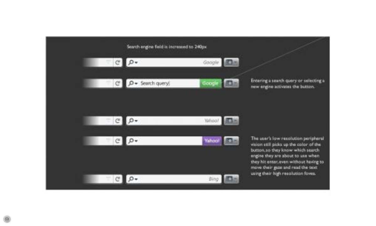 Das Suchfeld rechts oben im Browser-Fenster, wurde von Mozillas UX-Theme in diesem Entwurf um eine deutliche Kennzeichnung der jeweils aktiven Suchmaschine ergänzt. © (Bild: Lifehacker)
