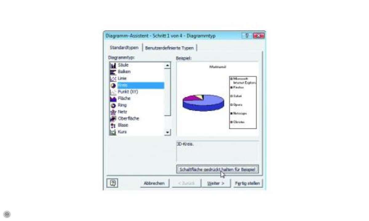 1. Schritt: Erstellen eines 3D-Diagramms  Mit dem Diagramm-Assistenten von Excel ist das Erstellen eines Diagramms in wenigen Minuten erledigt. Ihre Aufgabe beschränkt sich dabei auf das Festlegen der zugrunde liegenden Daten und die Wahl eines geeig