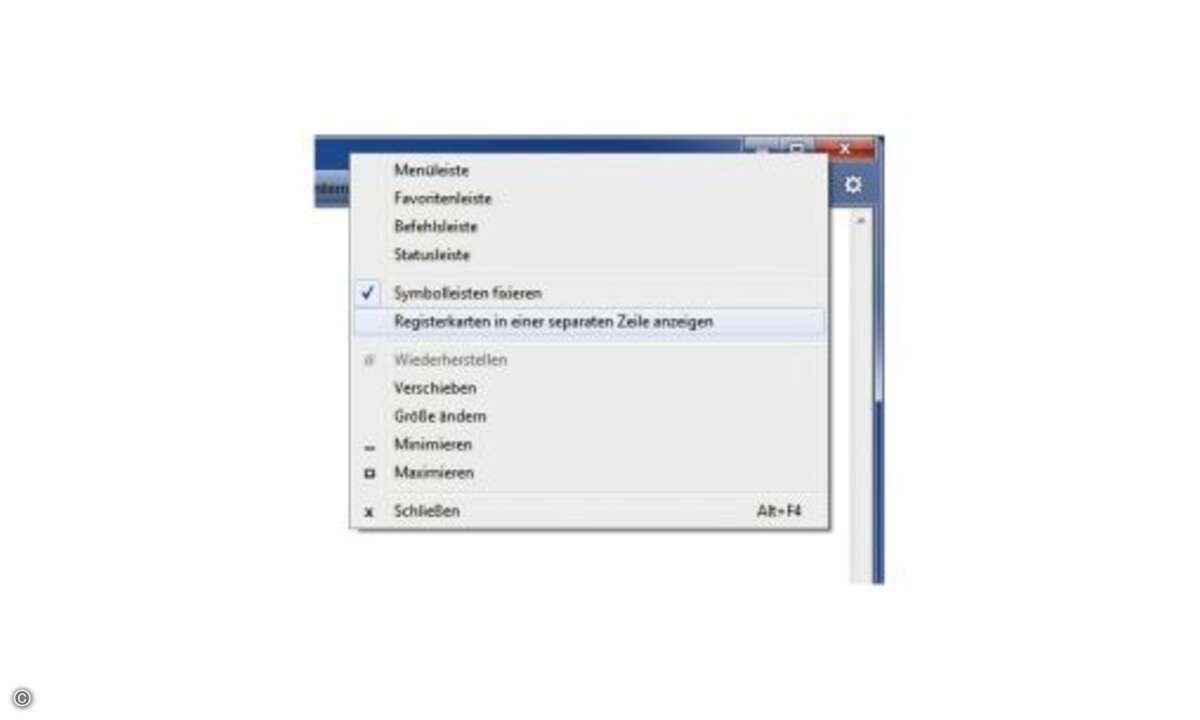 Wenn Ihnen Microsoft den Internet Explorer 9 zu stark abgespeckt hat, klicken Sie mit der rechten Maustaste auf eine freie Stelle in der Titelleiste. Über das Kontextmenü können Sie zum Beispiel das Menü wieder einblenden und die Tabs (im Microsoft-D