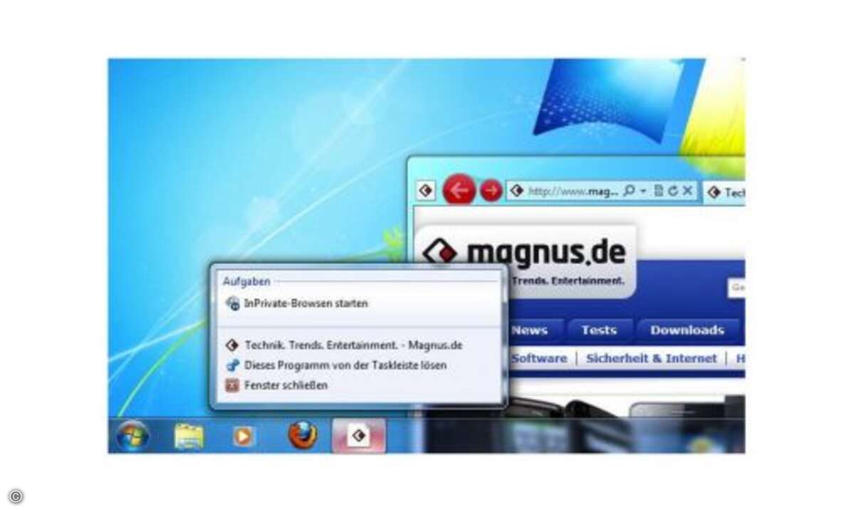 Neu in Internet Explorer 9: Ziehen Sie das Website-Icon einer beliebigen Website aus der One Box auf die Taskleiste ziehen und lassen Sie es dort los. So können Sie die Website rasch erreichen, nützlich zum Beispiel für den Webmailer oder Facebook. F