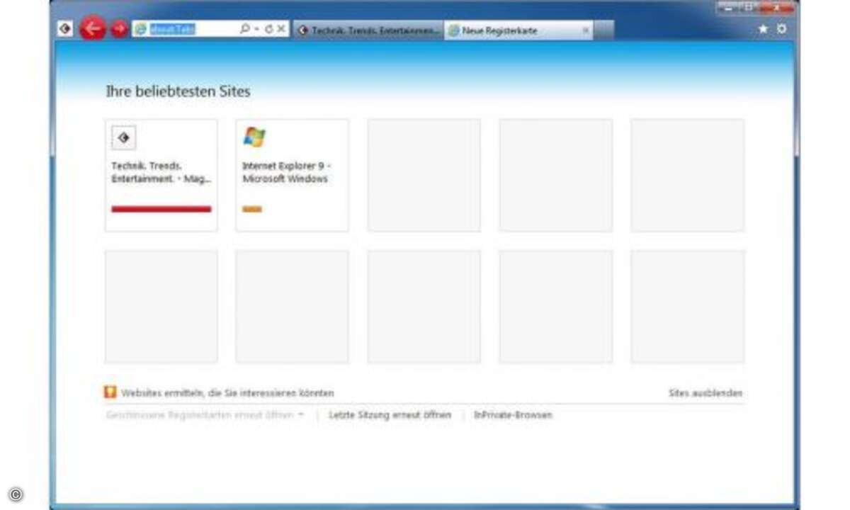 Opera hat's als erstes vorgemacht, Microsoft macht's nach: Öffnen Sie ein neues Tab in Internet Explorer 9, bietet Ihnen der Browser Links zu häufig besuchten Websites, den Wechsel in den Privat-Modus