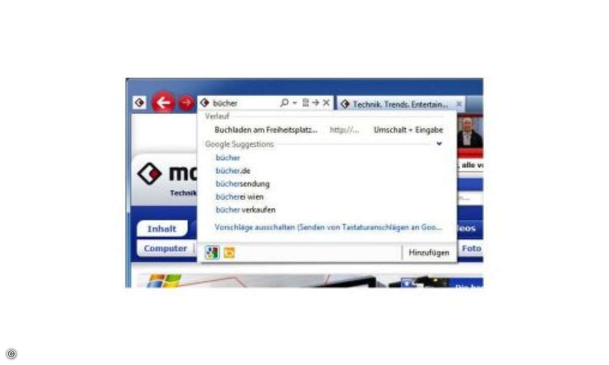 Geben Sie einen Suchbegriff in die One Box ein, zeigt Internet Explorer 9 automatisch passende Treffer von der voreingestellten Web-Suchmaschine. Welche das ist, können Sie in den Browser-Einstellungen ändern.